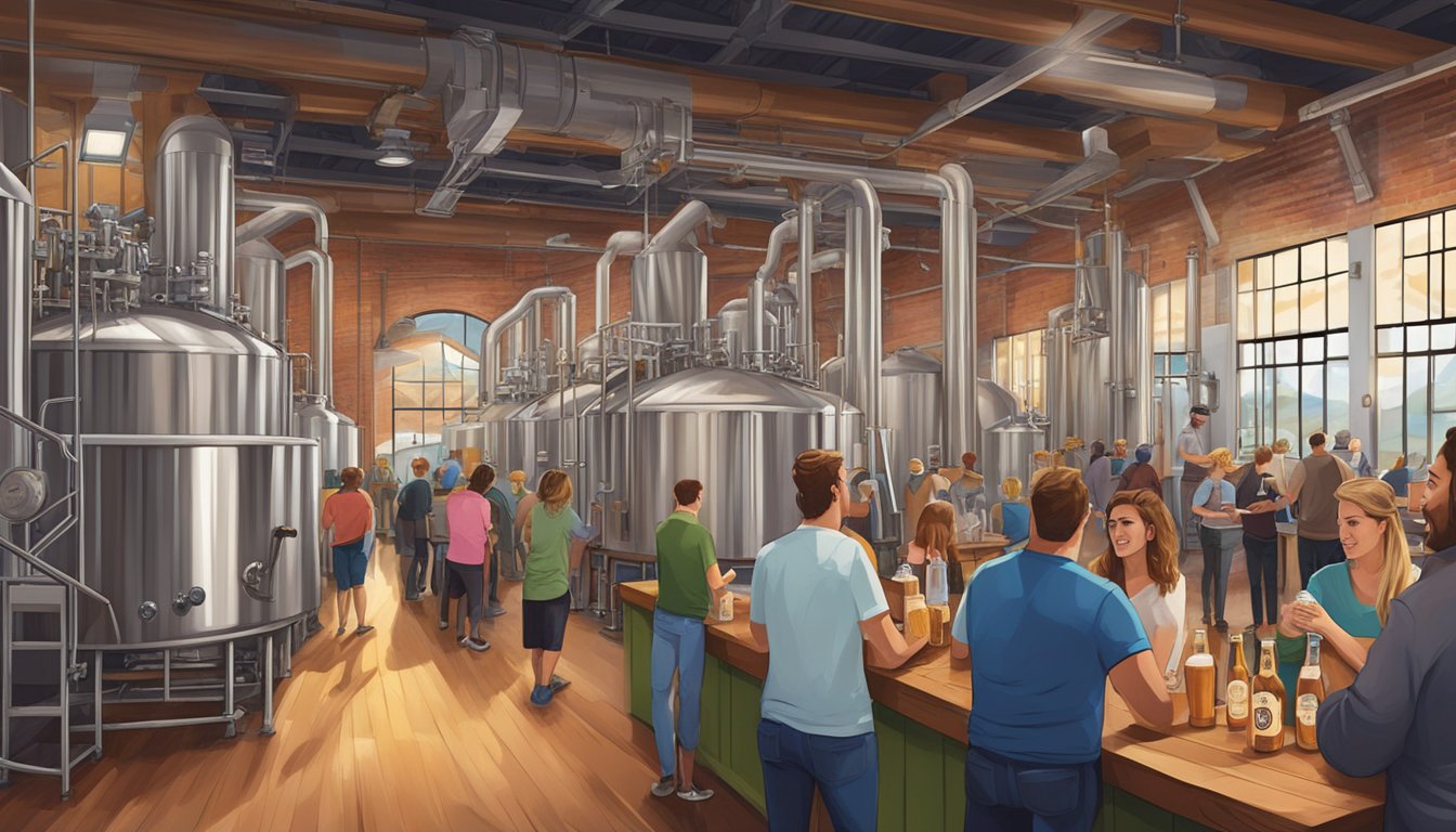 A bustling craft brewery scene in Chesapeake, VA, with patrons enjoying tastings and tours amidst a backdrop of industrial brewing equipment and vibrant local artwork