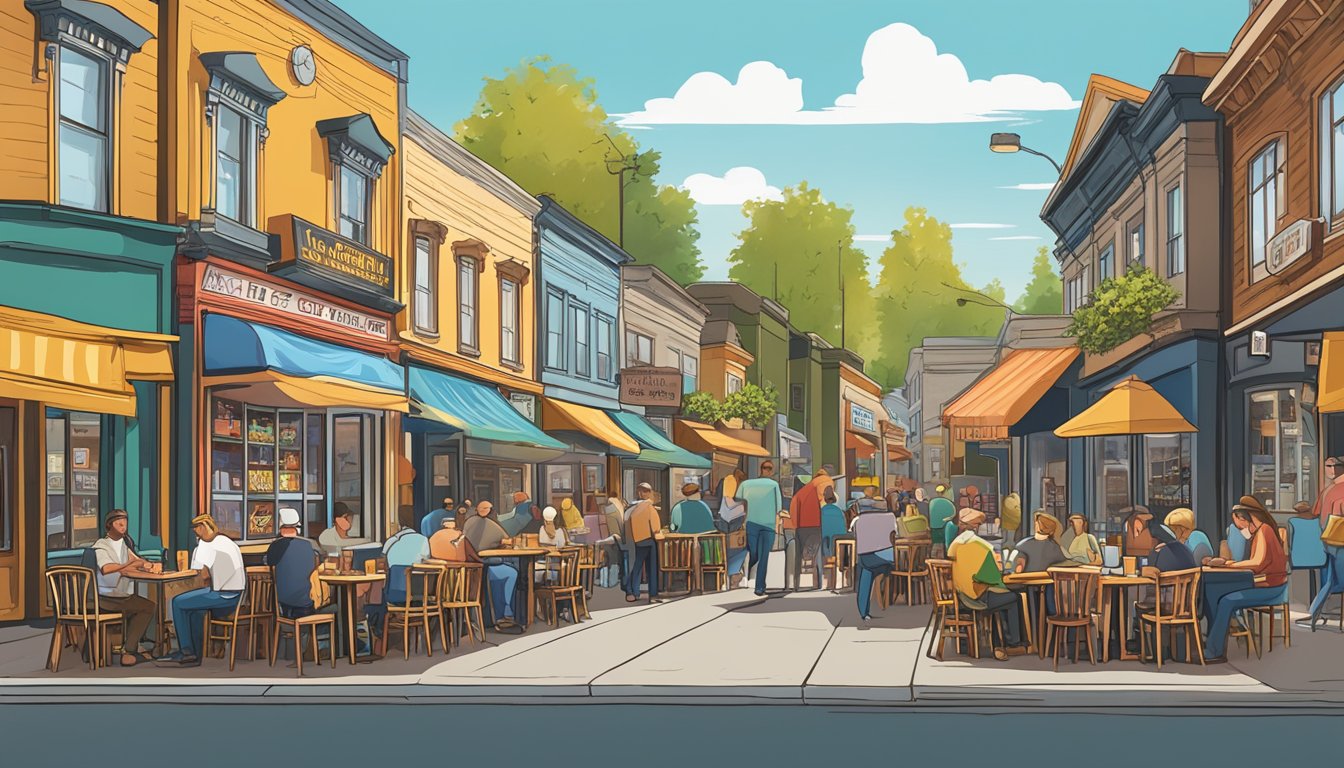 A bustling street lined with colorful storefronts, each adorned with unique signs advertising local craft beer in Kent, WA. Tables and chairs spill onto the sidewalk as patrons enjoy the sunny day