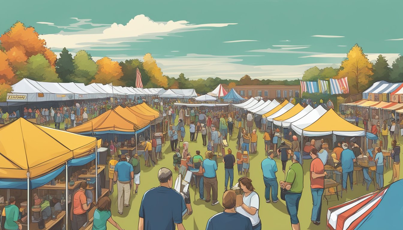 A bustling craft beer festival in Chesapeake, VA, with rows of colorful tents, beer tastings, and lively conversations between brewers and beer enthusiasts