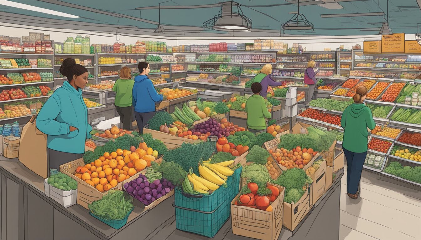 A bustling local food co-op in Worcester, MA, with colorful produce displays, shelves stocked with pantry staples, and customers browsing the aisles