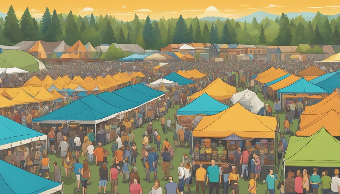 A bustling craft beer festival in Kent, WA, with rows of colorful tents and lively crowds sampling local brews