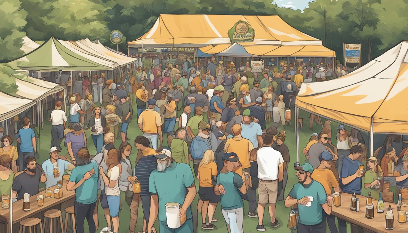 A bustling craft beer festival in Chesapeake, VA, with local breweries engaging with the community. Tables filled with unique brews and happy patrons enjoying the lively atmosphere