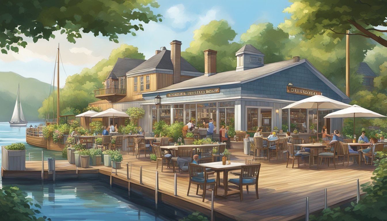 A waterfront brewery with sailboats in the background, surrounded by lush greenery and a bustling outdoor patio