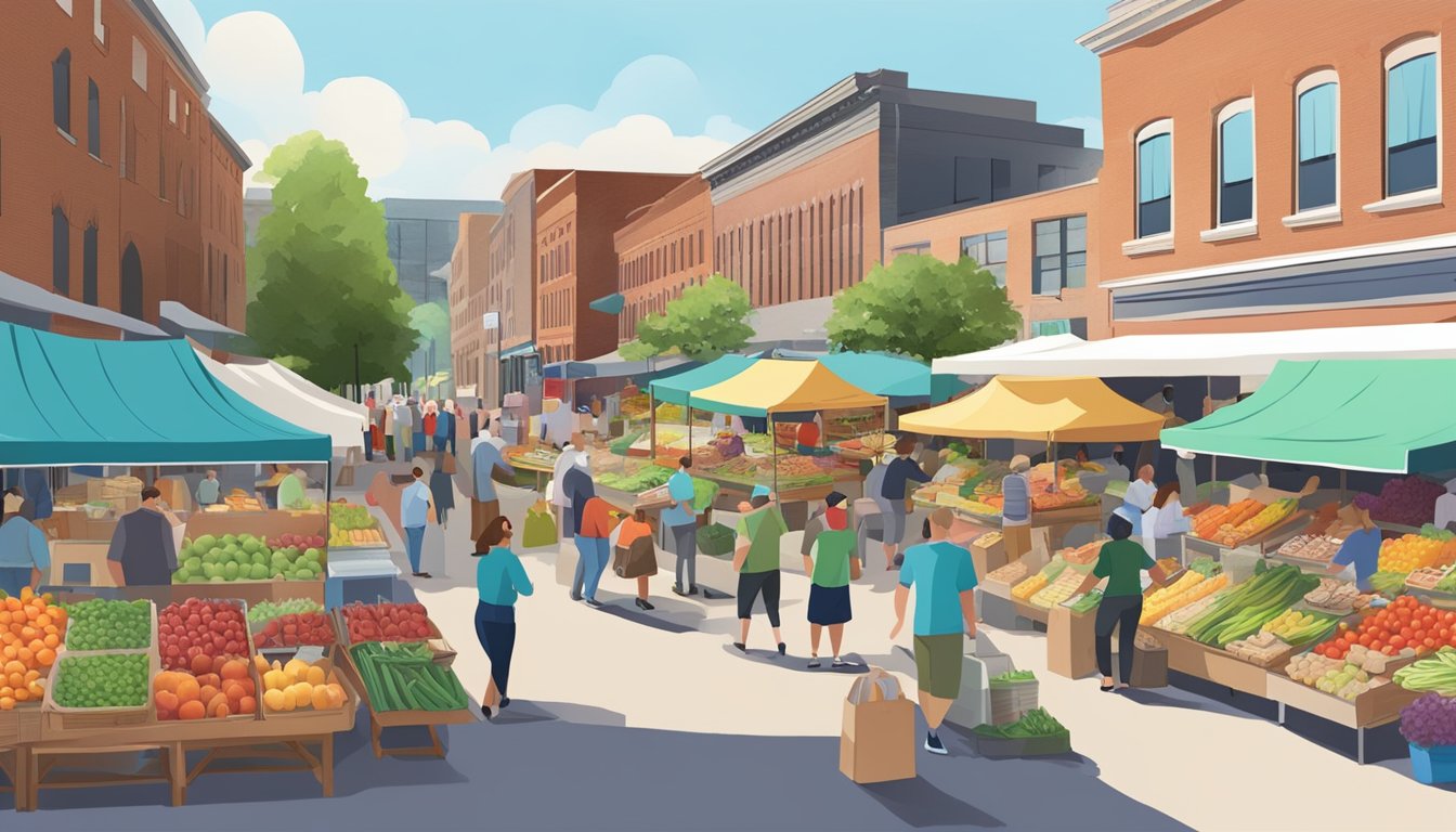 A bustling farmers market in Worcester, MA, with colorful stalls and a variety of fresh produce, baked goods, and local products