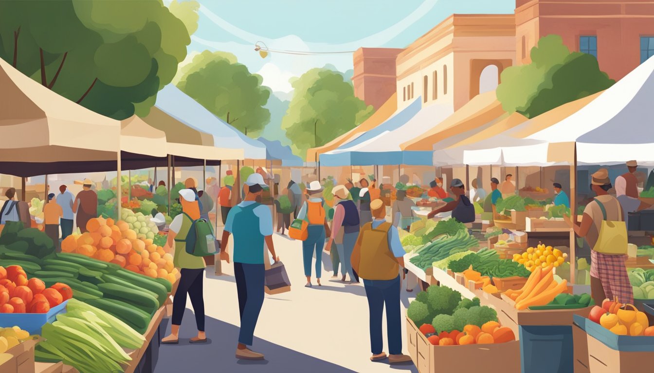 A bustling farmers market with colorful produce, local vendors, and community members browsing and purchasing fresh, sustainable goods