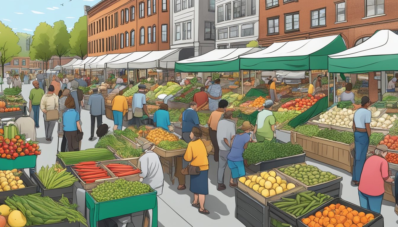 A bustling farmers' market with vendors selling fresh produce and local goods in Worcester, MA