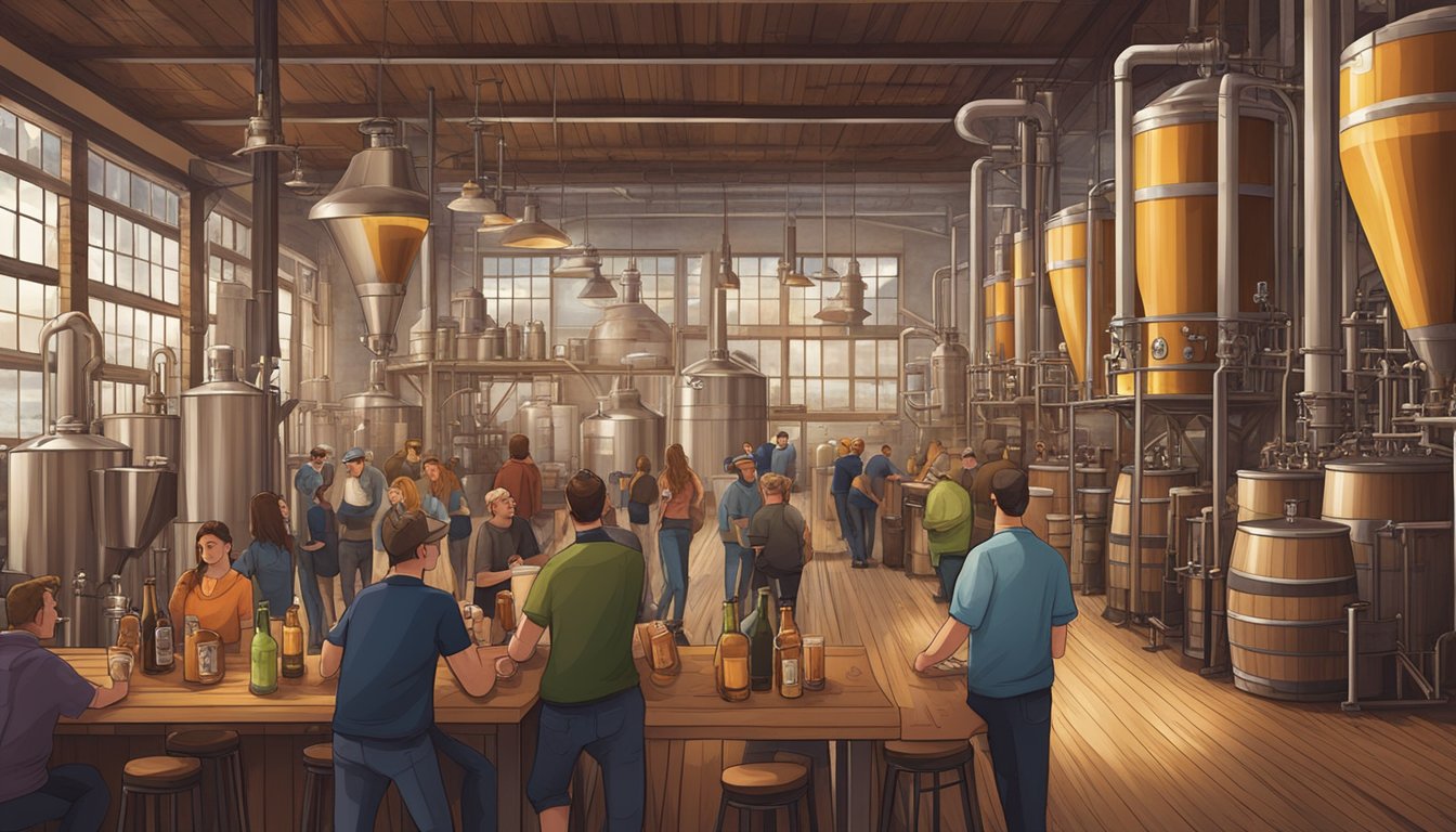 A bustling brewery scene with patrons enjoying craft beer flights, surrounded by industrial brewing equipment and rustic decor