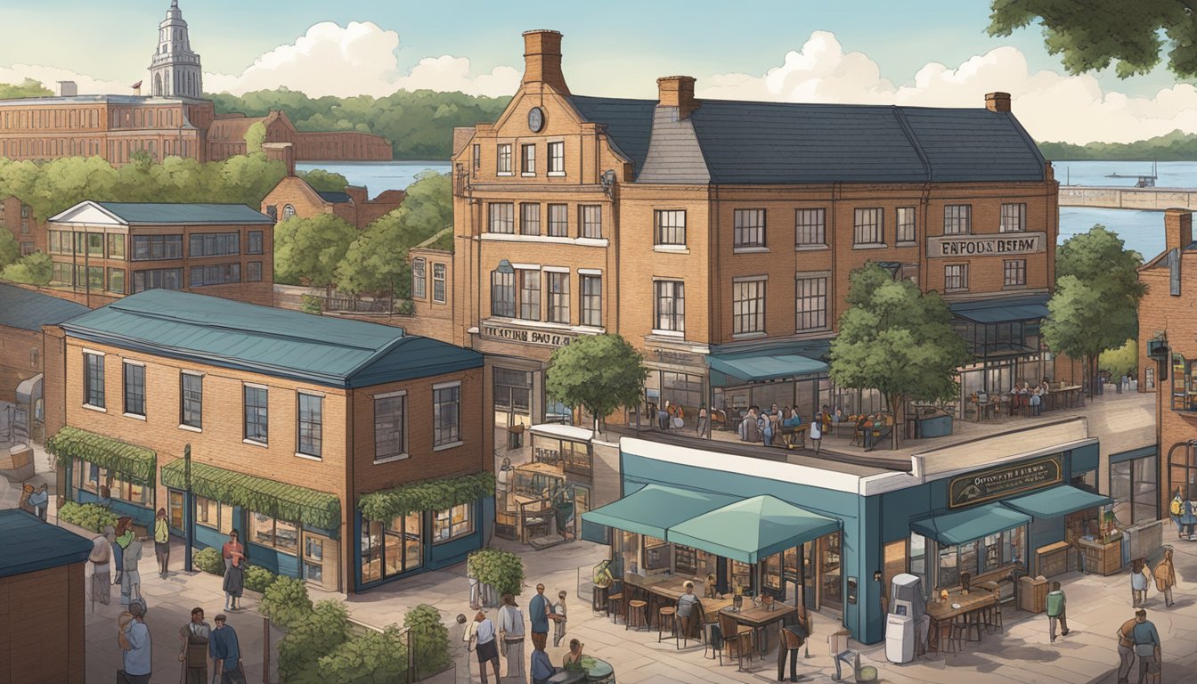 A bustling Norfolk craft brewery with a taproom and outdoor seating, surrounded by historic buildings and waterfront views