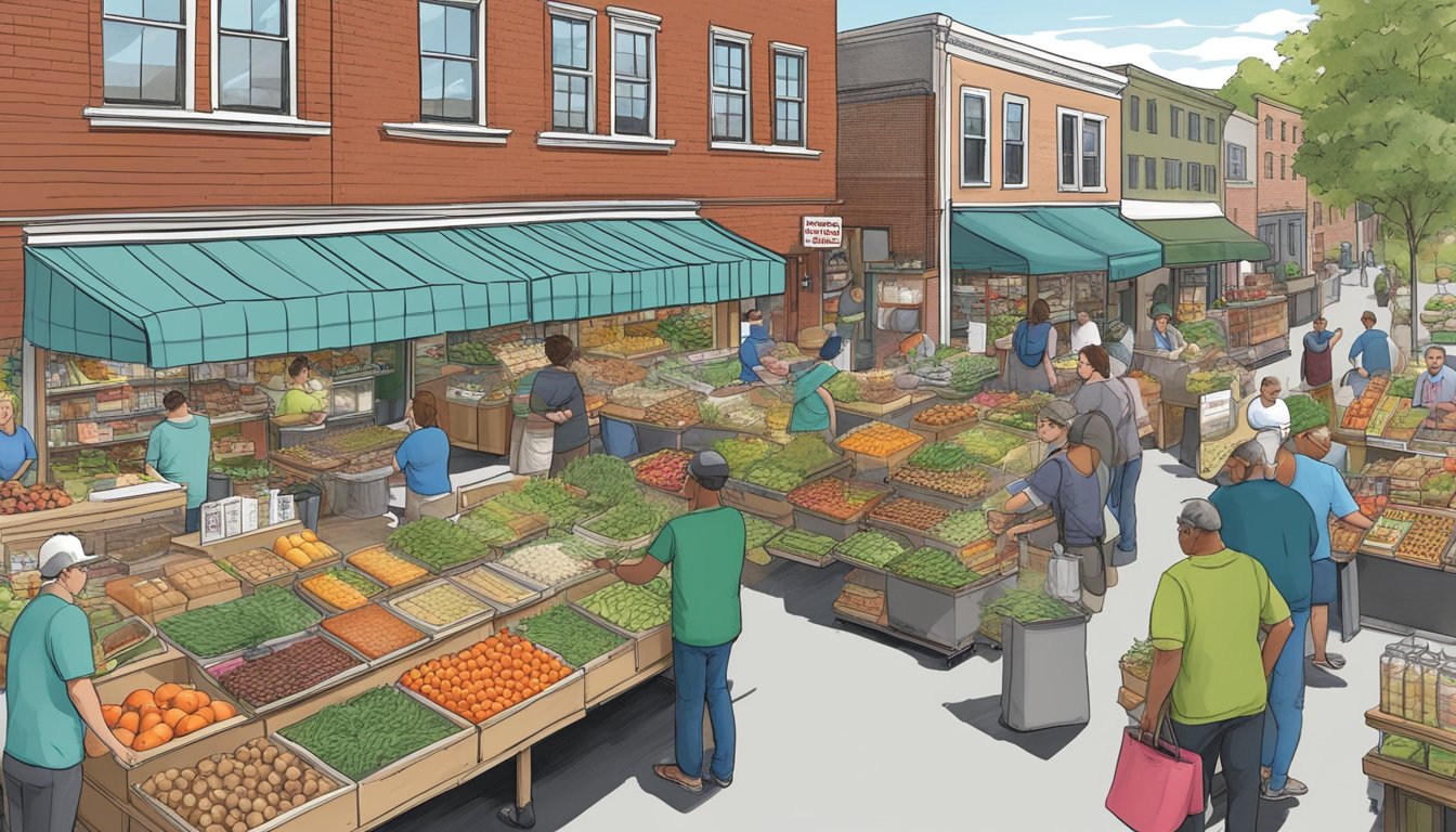 A bustling local food coop in Worcester, MA, with vendors showcasing their products and engaging with potential wholesale opportunities