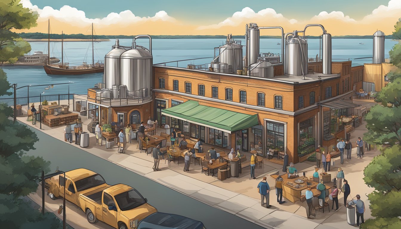 A bustling craft brewery scene in Norfolk, VA with diverse taprooms and outdoor seating areas, surrounded by waterfront views and historic architecture