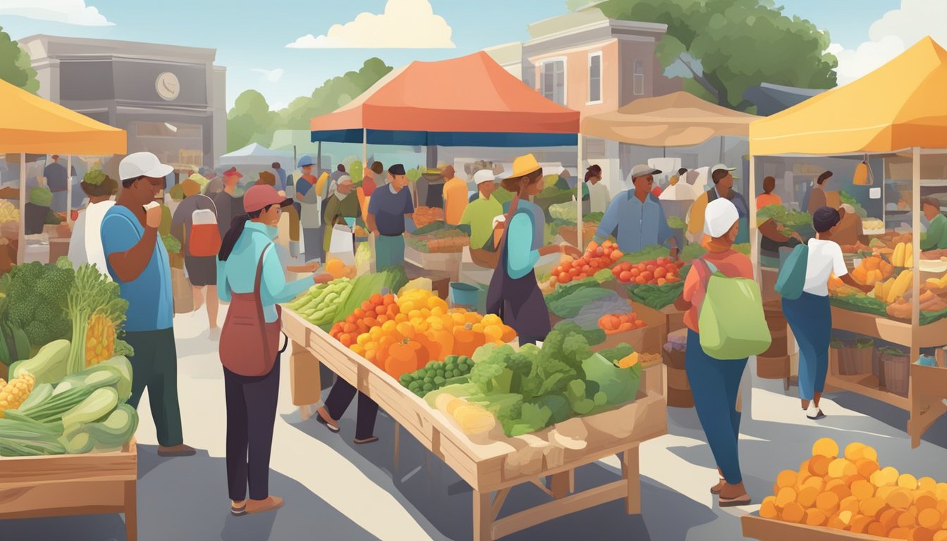 A bustling farmers market with colorful produce, fresh bread, and local honey. Customers chat with vendors, sampling fruits and vegetables