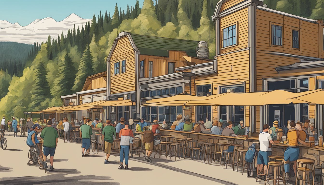 A bustling brewery with patrons sampling local craft beers along a scenic trail in Spokane, WA