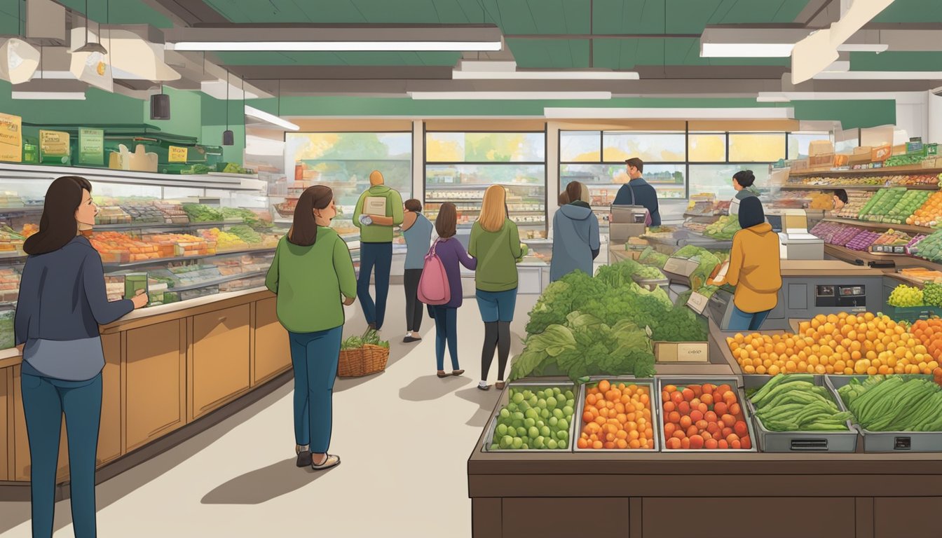 A bustling local food coop in Worcester, MA, with customers browsing shelves and chatting with staff. The cash registers ring and the aroma of fresh produce fills the air