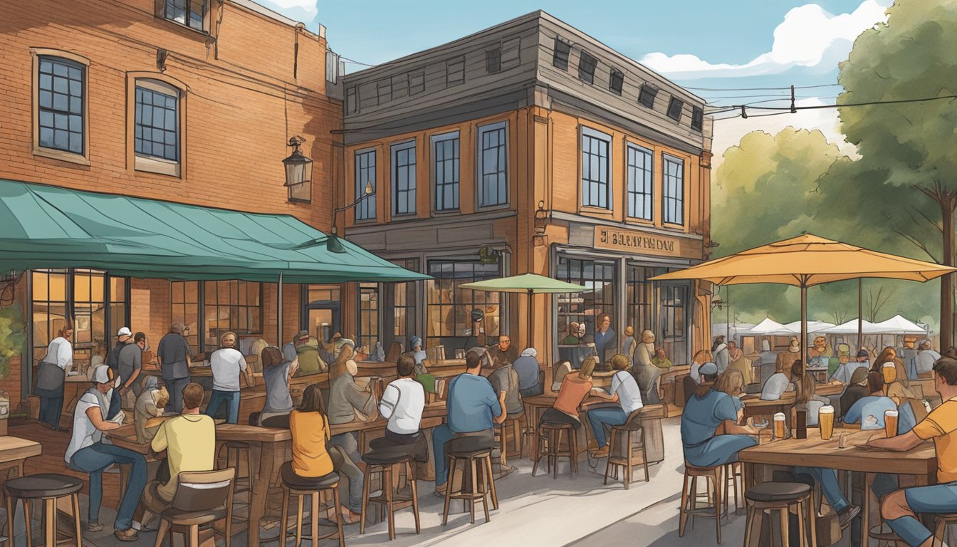 A bustling brewery with outdoor seating, live music, and a variety of local craft beers on tap