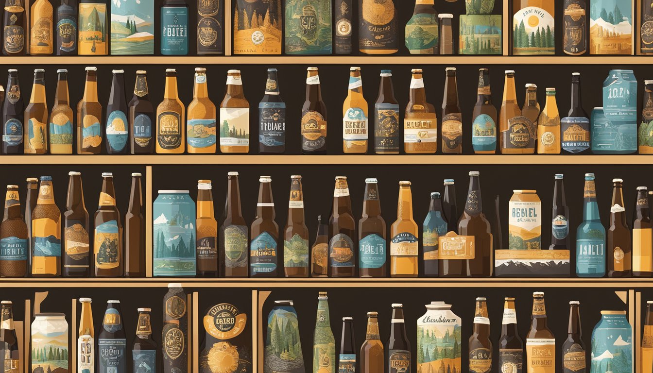 A shelf lined with various local craft beer bottles, surrounded by awards and recognitions, set against the backdrop of Spokane, WA's scenic landscape