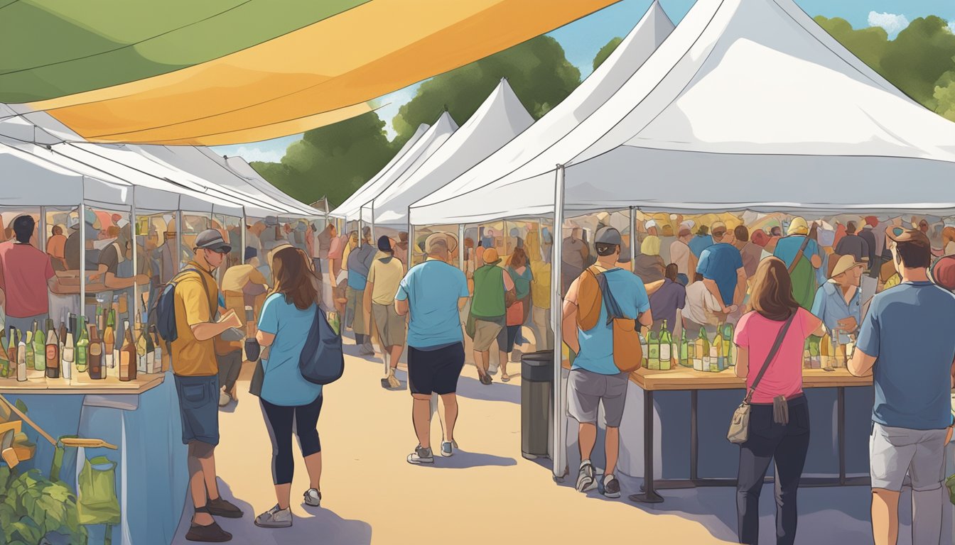 A bustling craft beer festival in Norfolk, VA. Breweries showcase unique beers under colorful tents while visitors sample and socialize