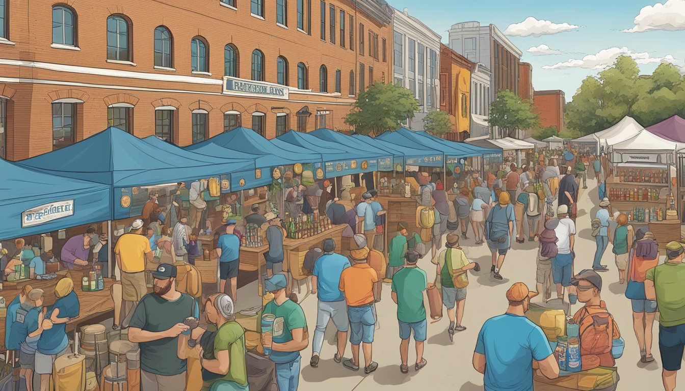 A bustling craft beer festival in Norfolk, VA, with a variety of local breweries showcasing their unique and colorful beer offerings