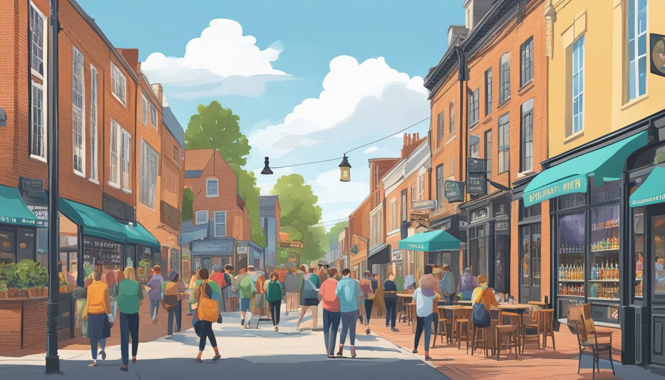 A bustling Norfolk street lined with colorful brewery signs and outdoor seating, as people stroll by sampling local craft beers