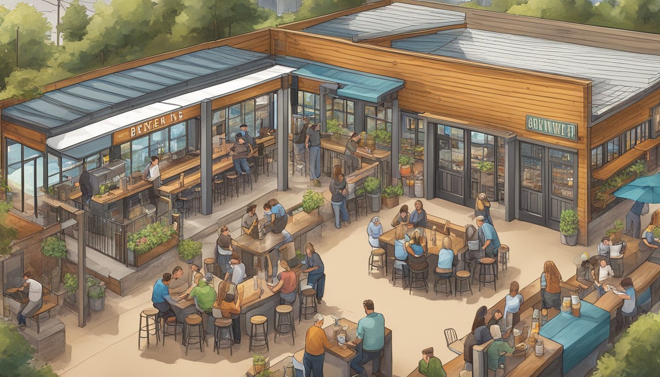 A bustling brewery scene in Vancouver, WA with unique craft beer taps and vibrant outdoor seating areas