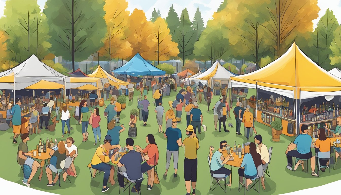 A bustling craft beer festival with colorful tents, live music, and people enjoying various beer tastings in the scenic Bellevue, WA park