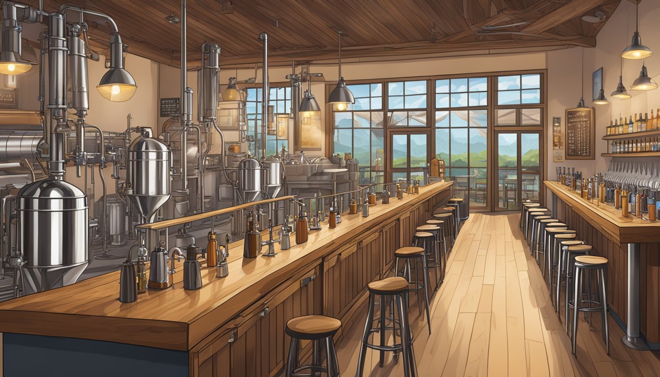 A bustling taproom with a variety of craft beer taps, wooden tables, and cozy lighting, set against a backdrop of stainless steel brewing equipment