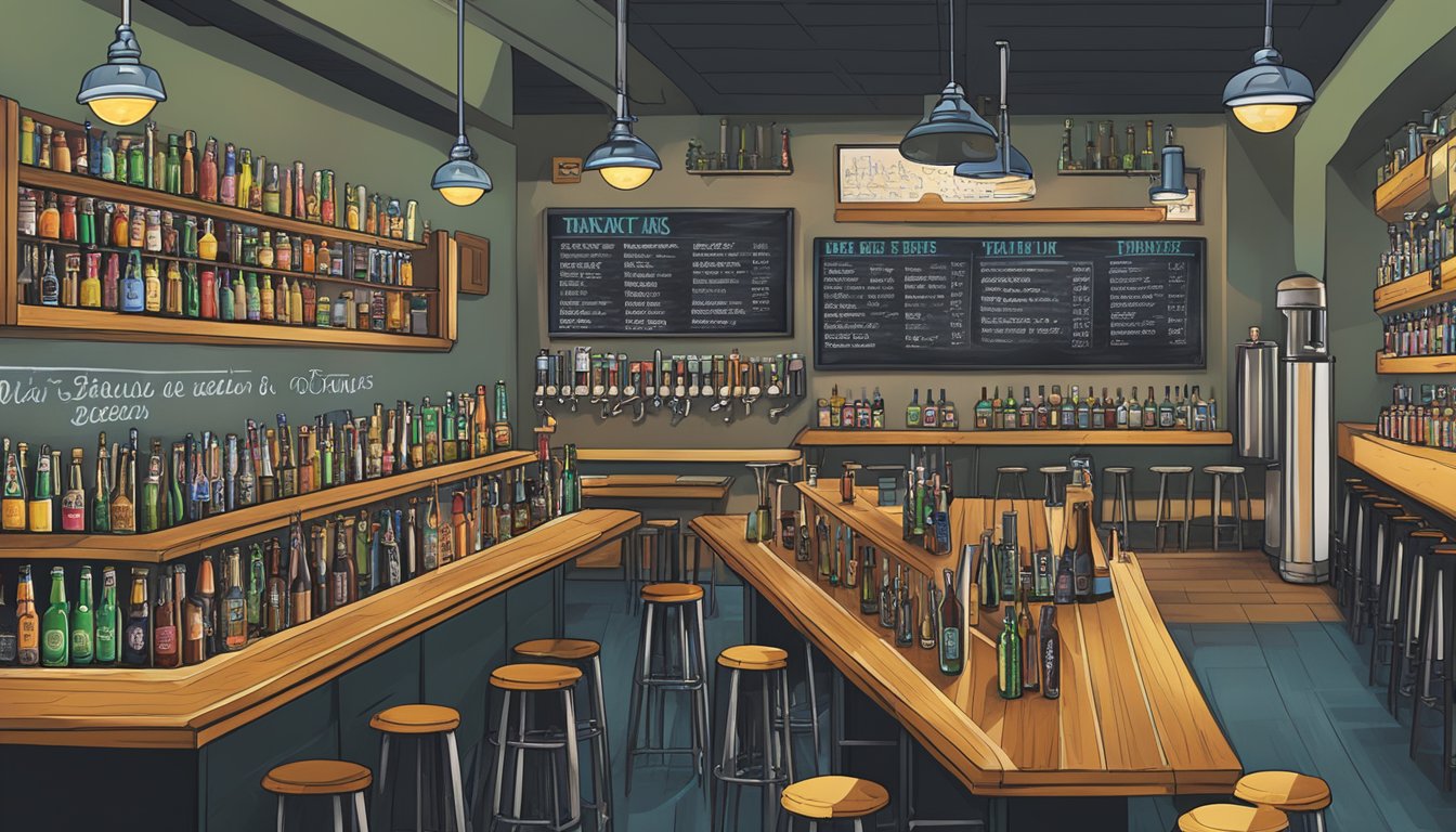 A bustling taproom with rows of colorful beer taps and chalkboard menus, showcasing a variety of craft beer styles from Vancouver, WA