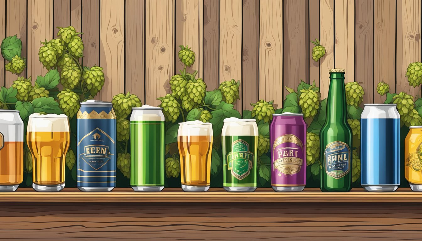 A row of colorful craft beer cans and bottles lined up on a wooden bar, surrounded by hop vines and pint glasses