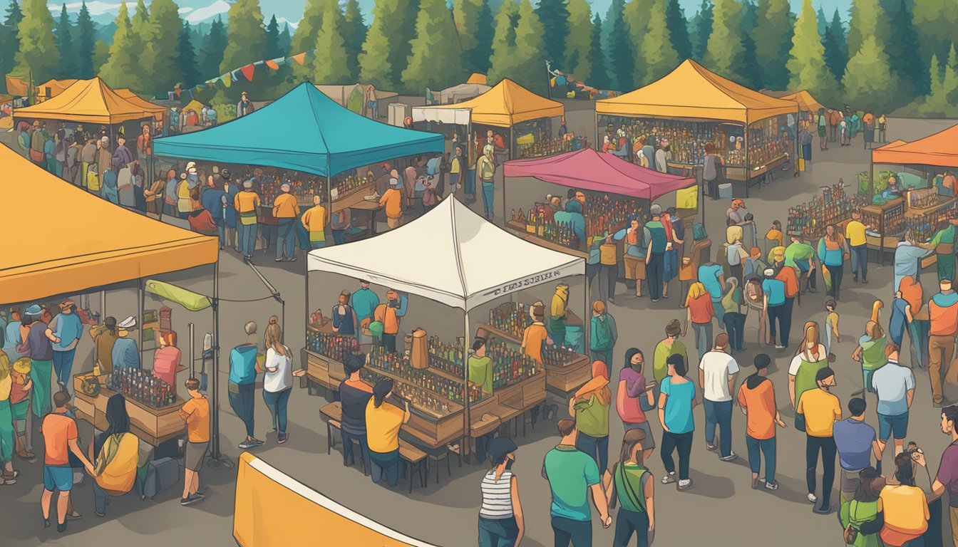 A bustling craft beer festival in Bellevue, WA, with rows of colorful taps and beer glasses, and people enjoying the different types and styles of local brews