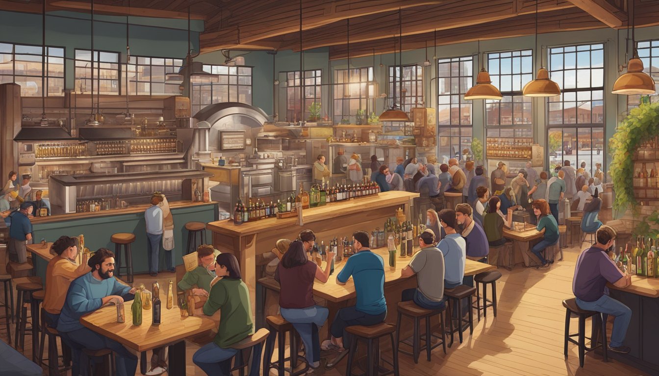 A bustling brewery with a variety of local craft beers on tap, surrounded by tables of people enjoying delicious cuisine