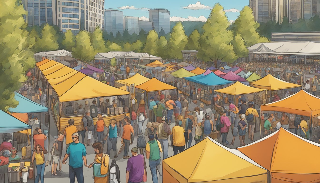 A bustling craft beer festival in downtown Bellevue, with rows of colorful tents and a lively crowd sampling local brews