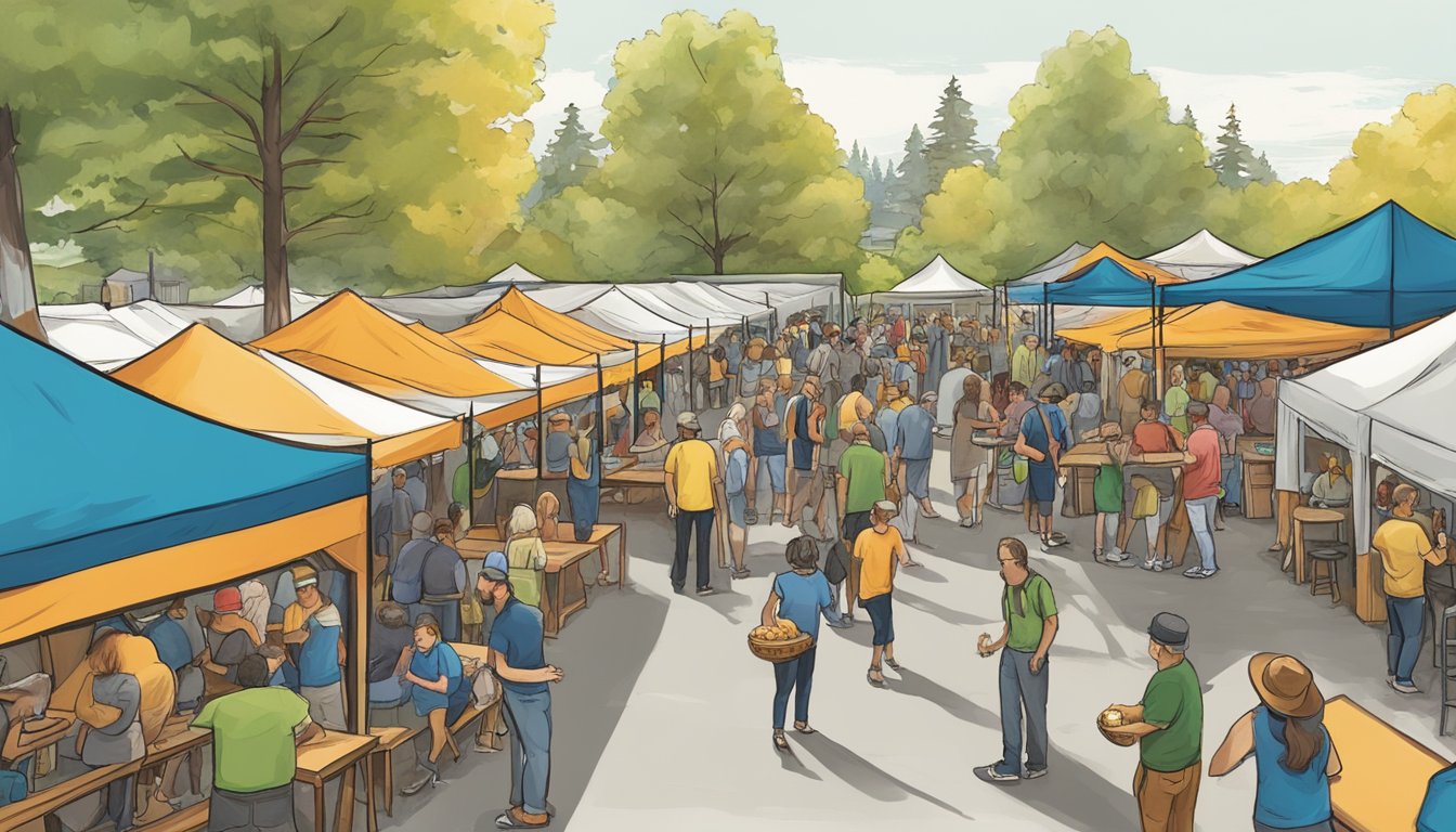 A bustling craft beer festival in Bellevue, WA, with a variety of local breweries showcasing their unique and flavorful creations. Tables and tents line the outdoor space as people mingle and enjoy the vibrant community atmosphere