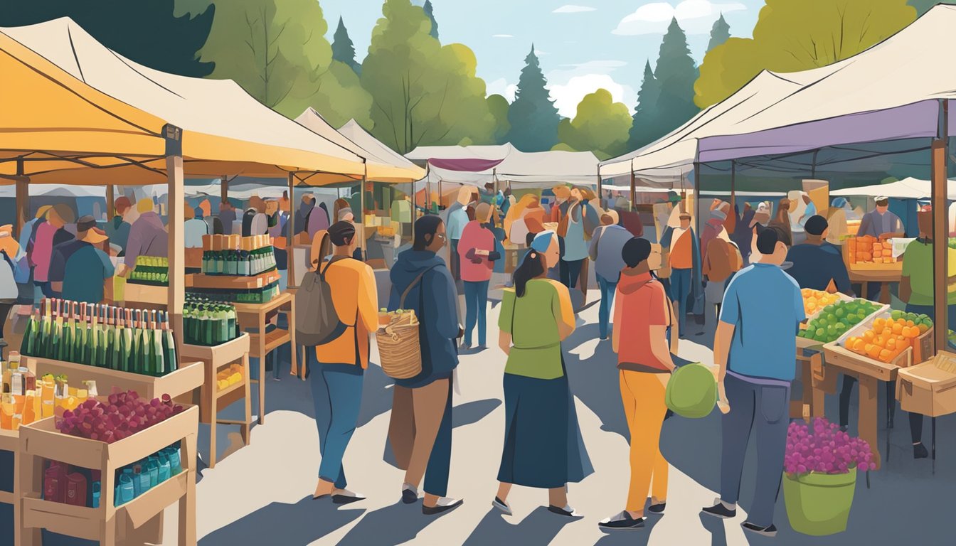 A bustling outdoor market with colorful stalls showcasing a variety of ciders, spirits, and wines in Bellevue, WA. Patrons sample and purchase local craft beverages