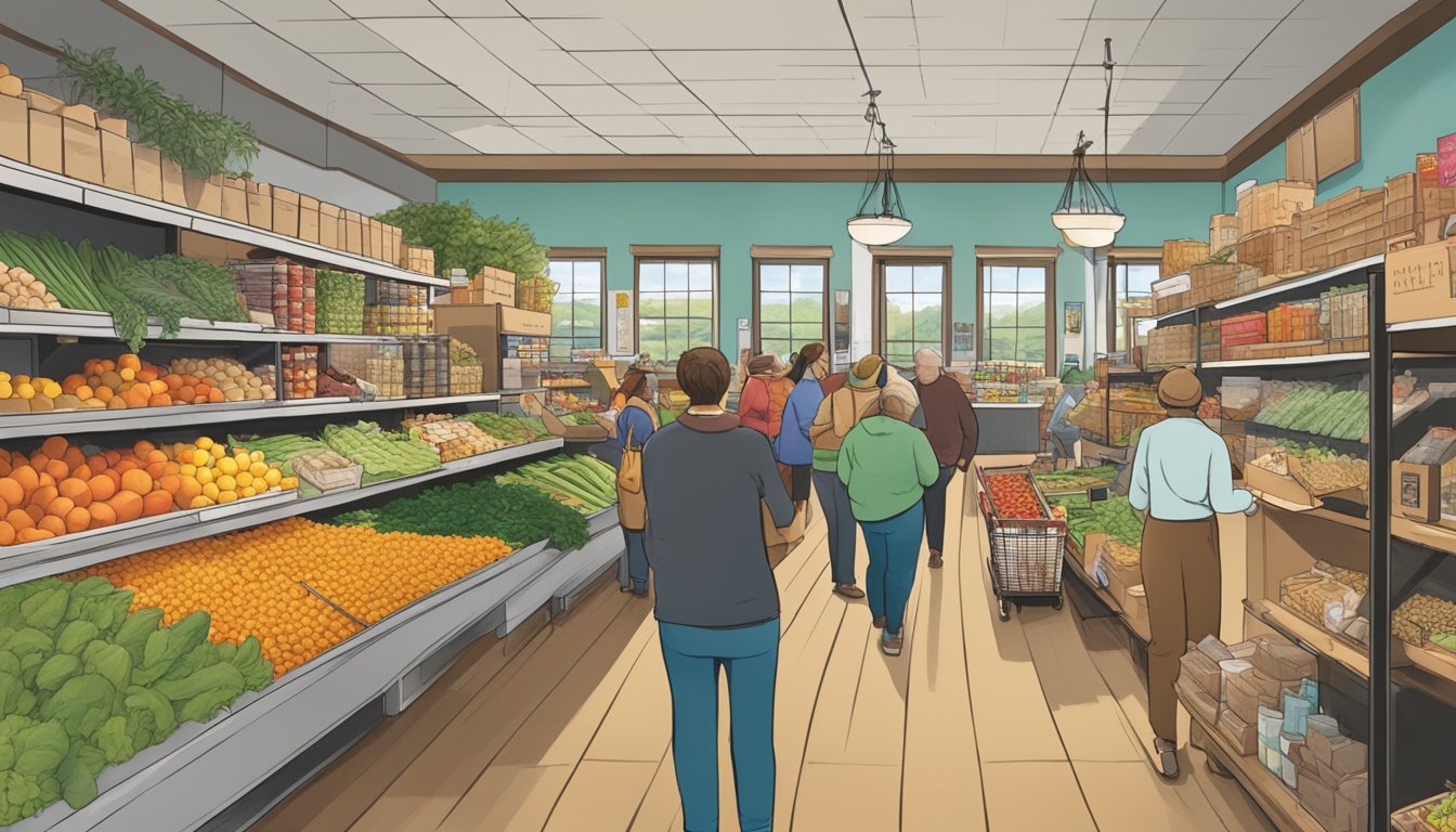 A bustling local food cooperative in Rochester, NY, with shelves stocked with fresh produce, bulk grains, and local artisan products. Customers browse the aisles, chatting with staff and fellow shoppers