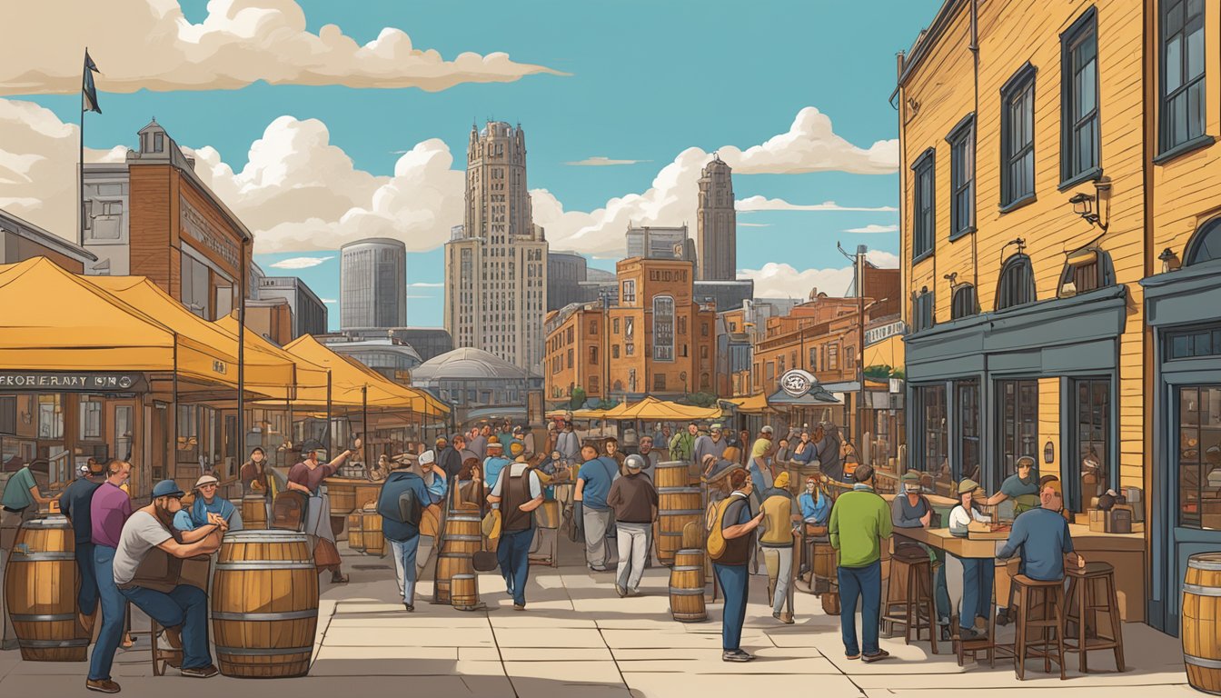 A bustling brewery scene in Milwaukee, with iconic buildings, beer barrels, and people enjoying craft beer outdoors