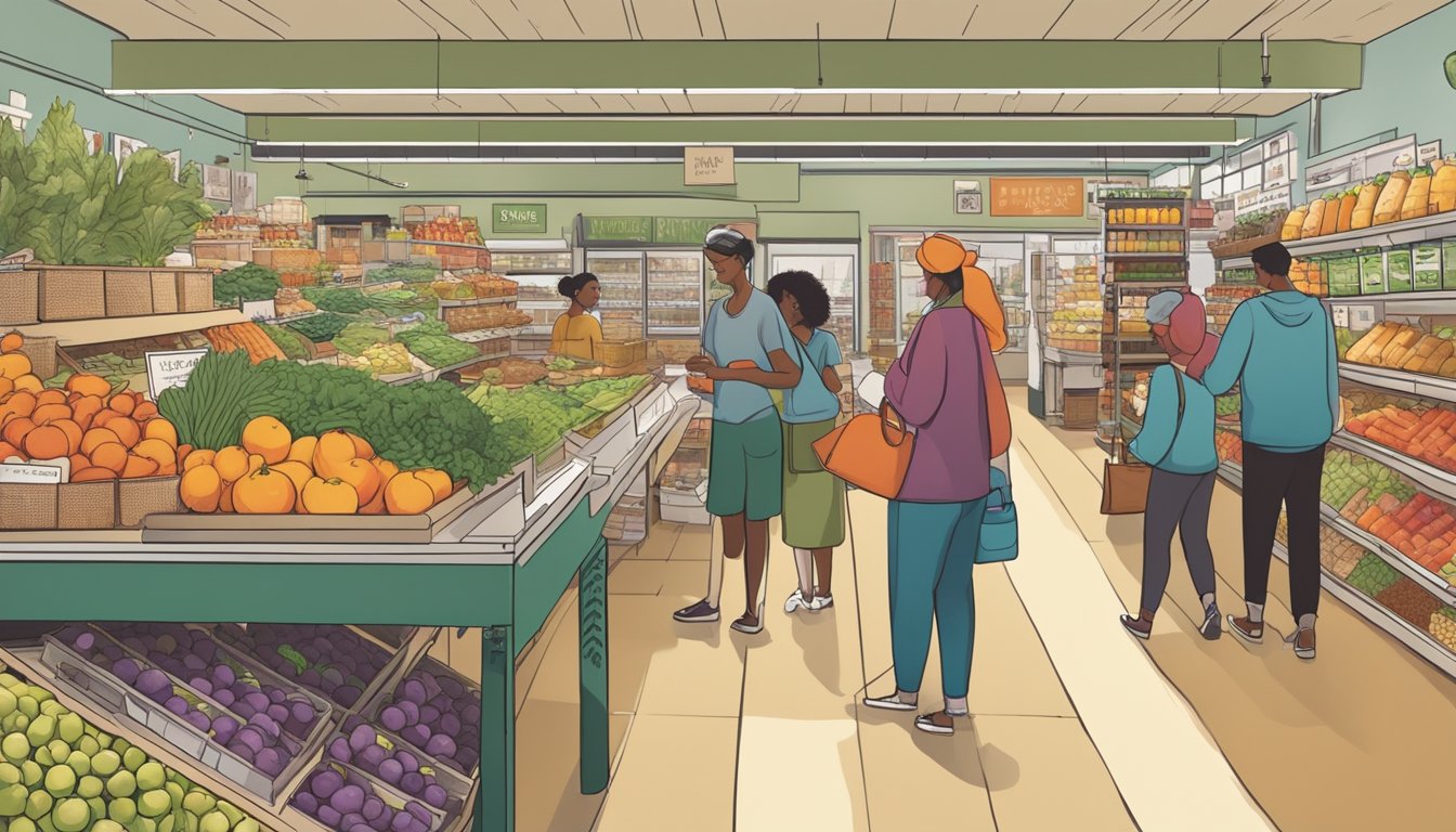 A bustling local food co-op with shelves stocked with fresh produce, artisanal goods, and a variety of locally sourced products. Customers peruse the offerings while friendly staff assist with selections