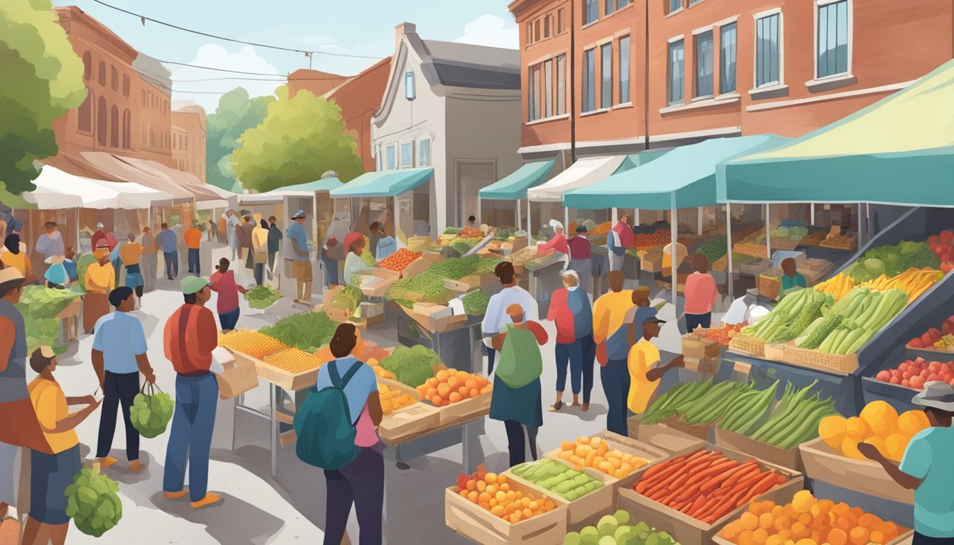 A bustling farmers market with colorful produce, local vendors, and community members exchanging goods