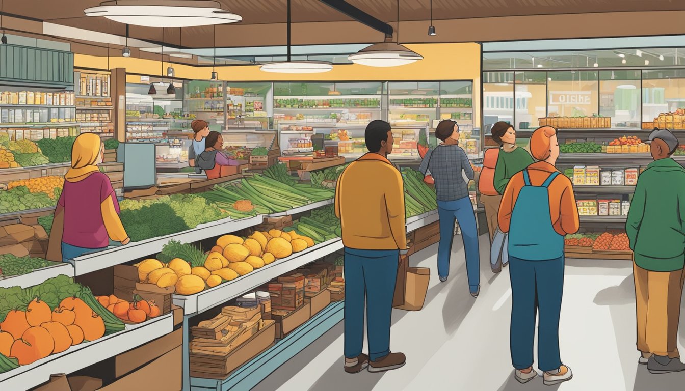 A bustling local food co-op in Rochester, NY, with customers browsing shelves and chatting with staff. The cozy atmosphere and colorful displays showcase the economic impact of supporting local producers