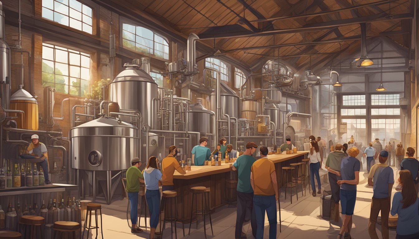 A bustling brewery with patrons sampling local craft beers, surrounded by industrial brewing equipment and rustic decor