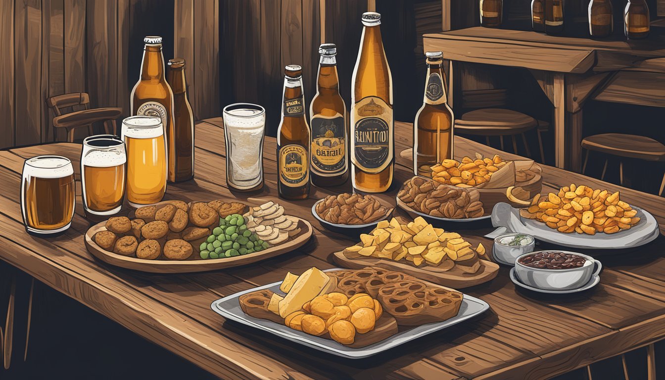 A rustic wooden table adorned with a variety of bar snacks and shareable plates, surrounded by bottles of local craft beer from Renton, WA