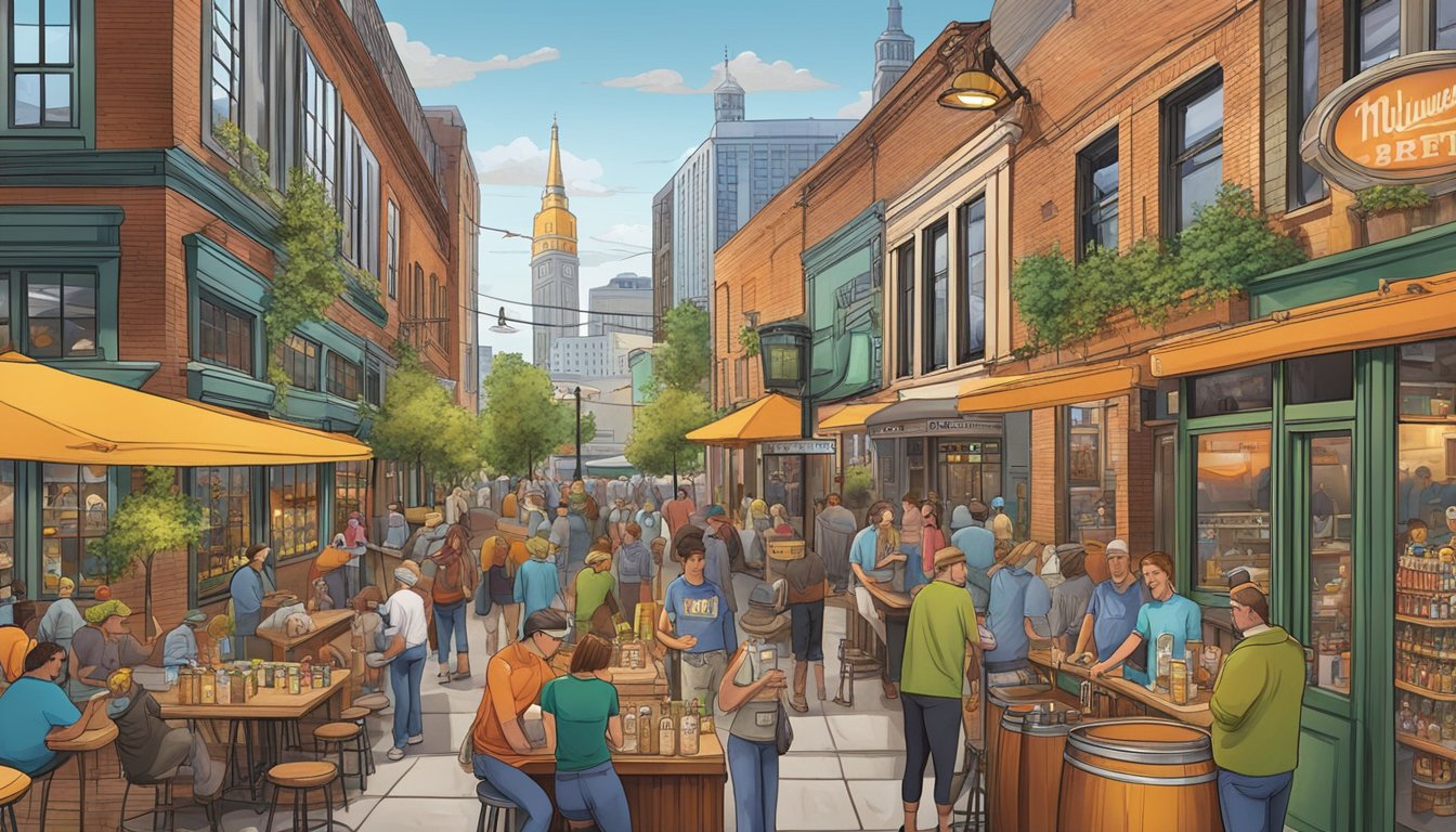 A bustling Milwaukee brewery scene with a variety of seasonal and specialty craft beers on tap, surrounded by local artwork and vibrant city life