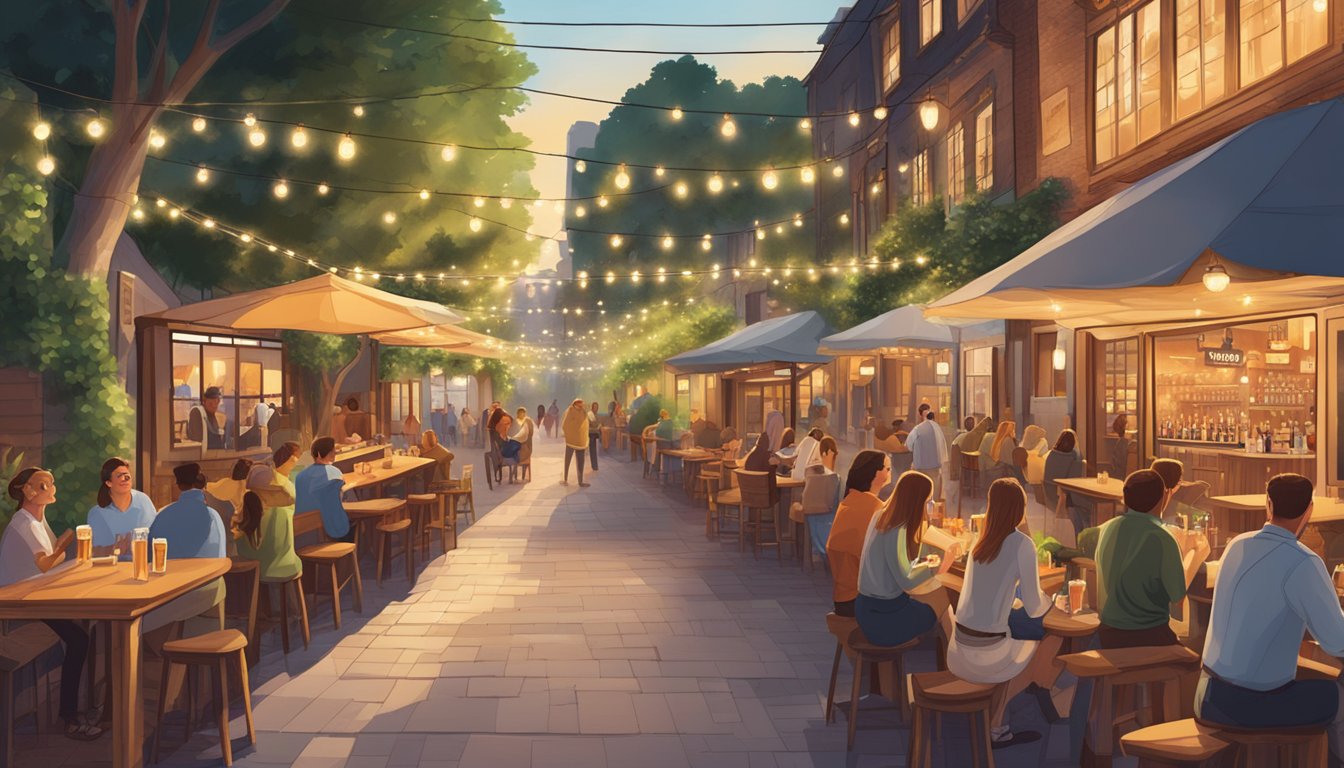 A bustling street lined with cozy beer bars, each with unique signage and outdoor seating, surrounded by lush greenery and twinkling string lights