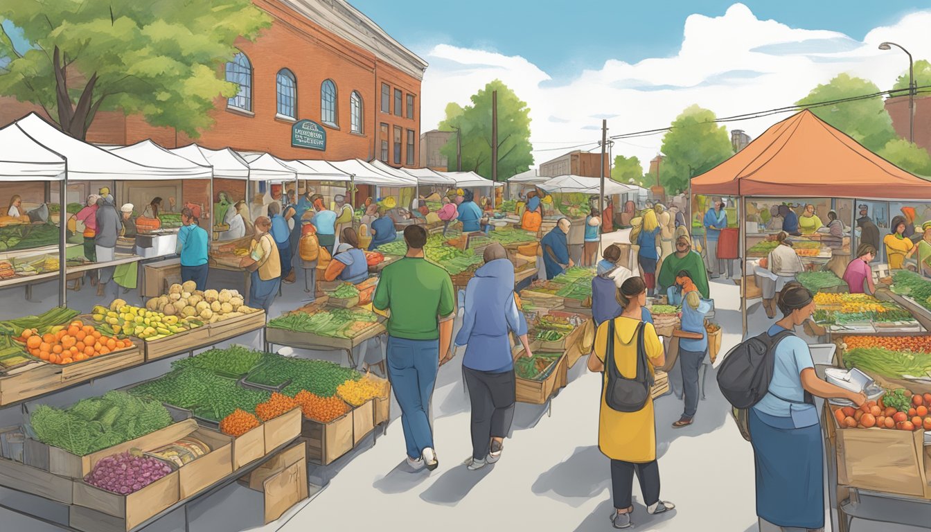 A bustling local food coop event in Rochester, NY, with vendors, workshops, and educational outreach activities