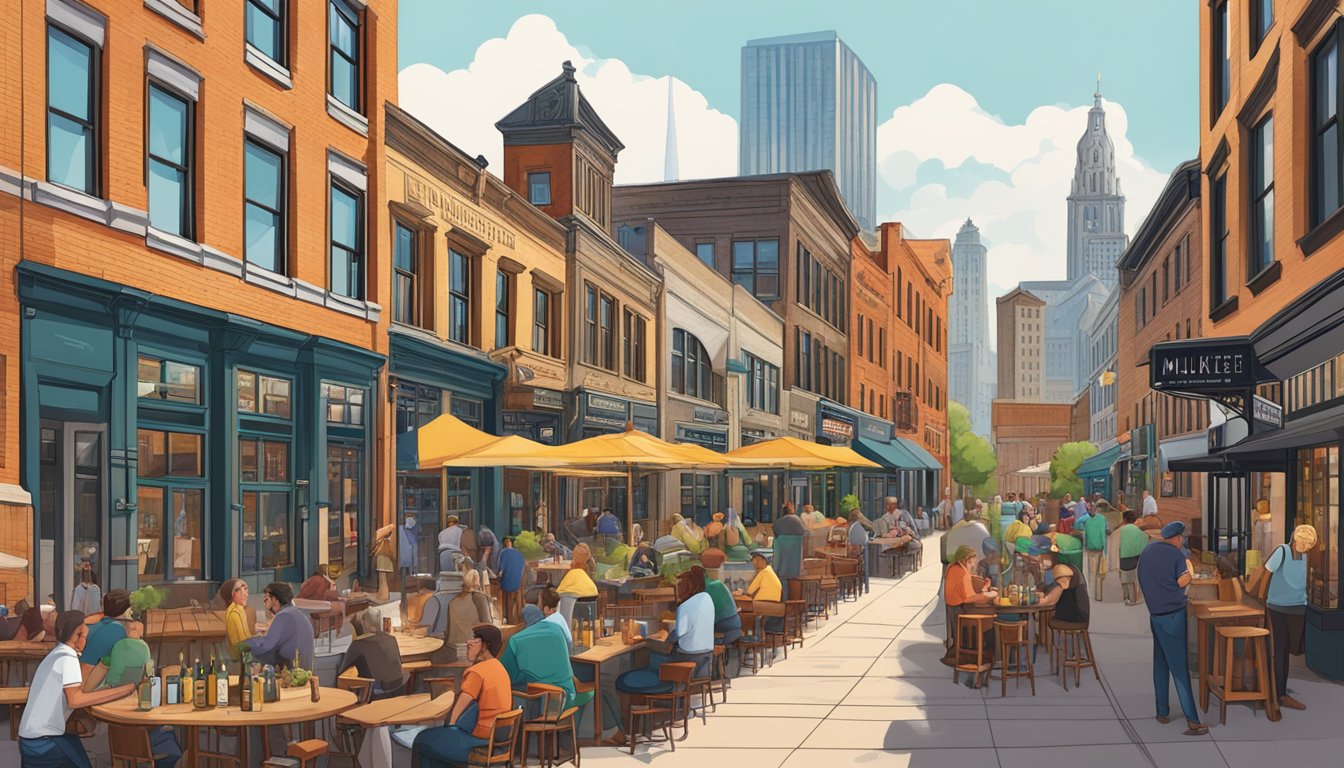 A bustling brewery district with colorful taprooms and outdoor seating, surrounded by historic buildings and the iconic Milwaukee skyline