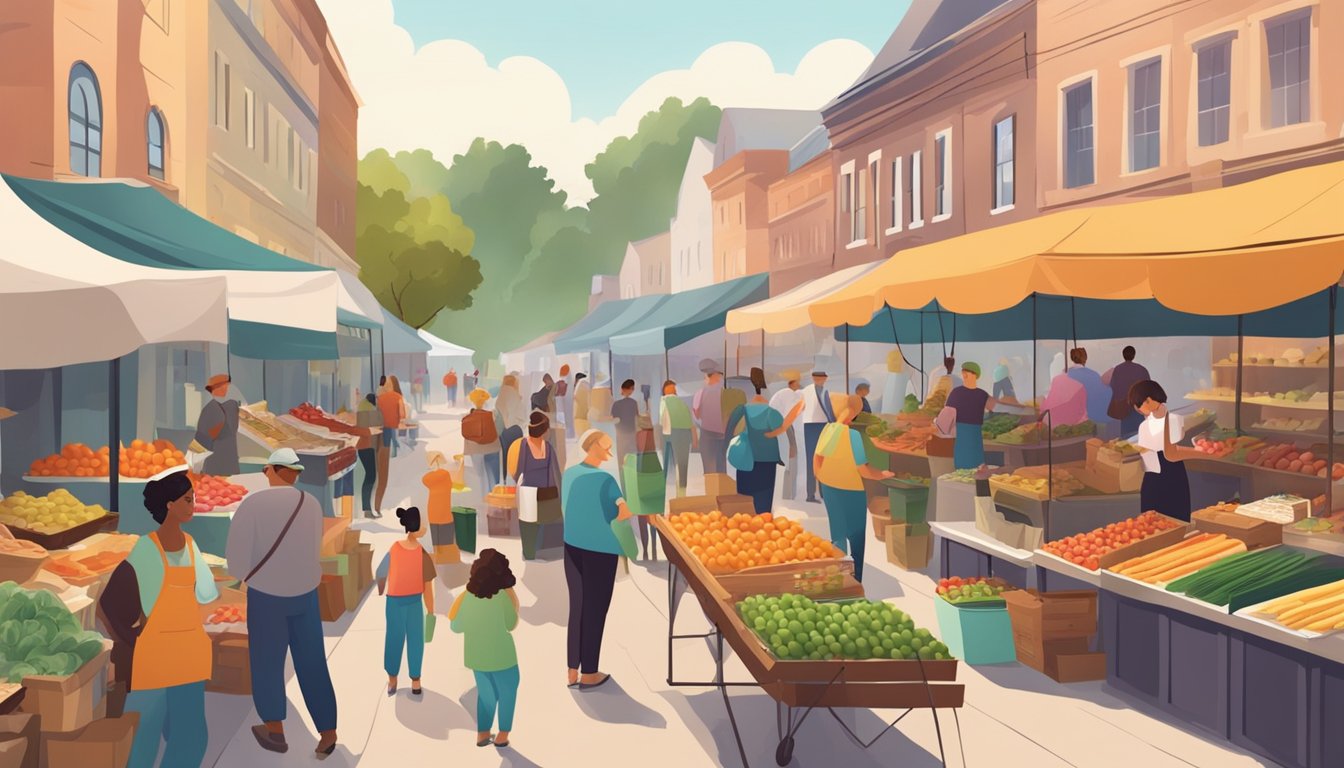 A bustling farmers' market with colorful stalls and a variety of fresh produce, baked goods, and artisanal products. Customers browse and chat with vendors