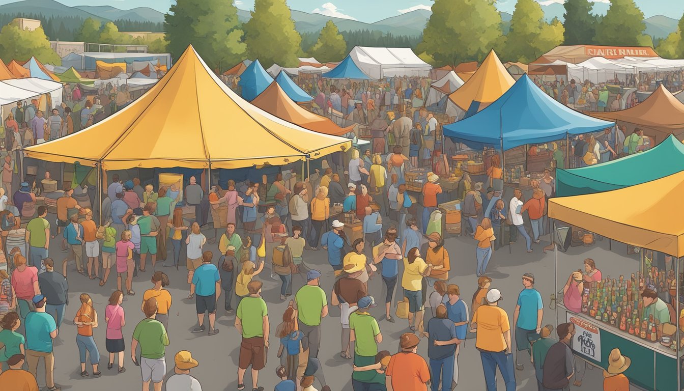 A bustling craft beer festival in Spokane Valley, with rows of colorful tents and a variety of beer taps, surrounded by happy patrons enjoying the local brews