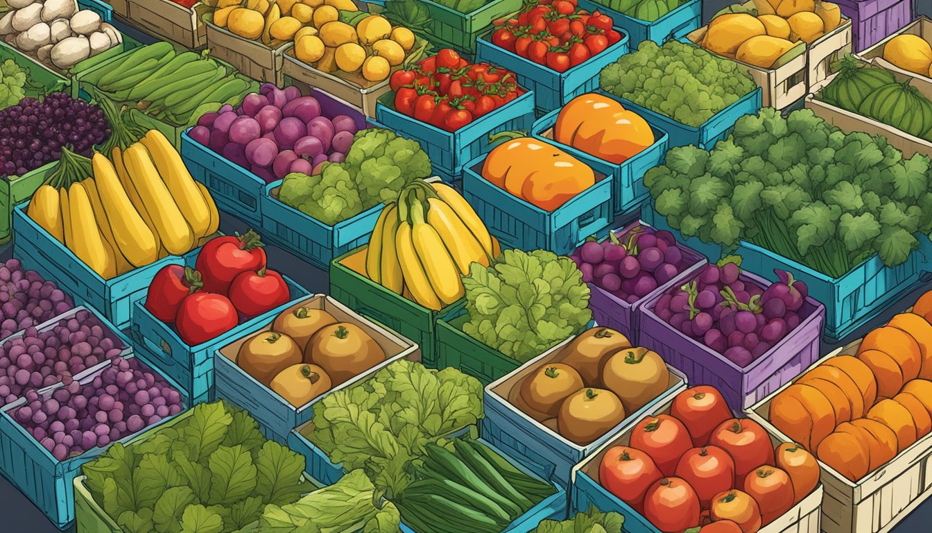 A diverse array of locally grown fruits and vegetables arranged in colorful crates at a bustling Modesto, CA food cooperative