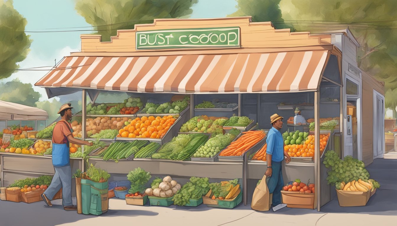 A bustling local food coop with colorful produce stands and friendly farmers in Modesto, CA