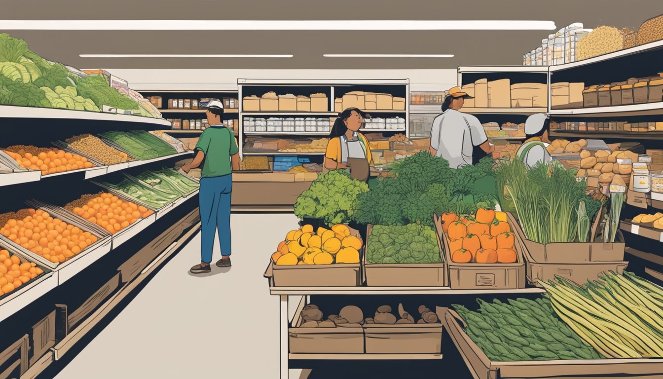 A bustling local food coop in Modesto, CA, with shelves stocked full of fresh produce, bulk grains, and canned goods. Customers chat with friendly staff while loading up their carts for savings