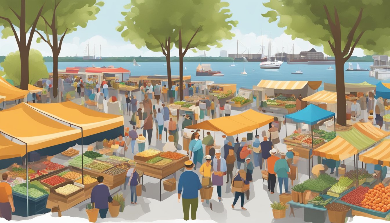 A bustling farmers' market with colorful stalls and a variety of fresh produce, baked goods, and artisanal products, set against the backdrop of Norfolk's waterfront