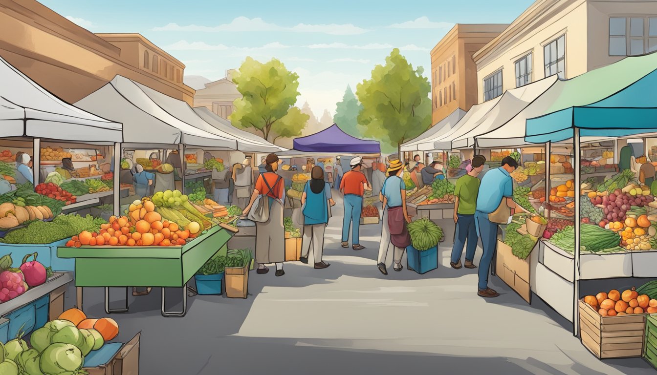 A bustling farmers' market filled with colorful seasonal produce, specialty food items, and local products in Modesto, CA